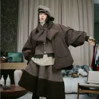 infobyfive2025秋冬咖色带围巾扣子开衫工装羽绒服贰NF0510558