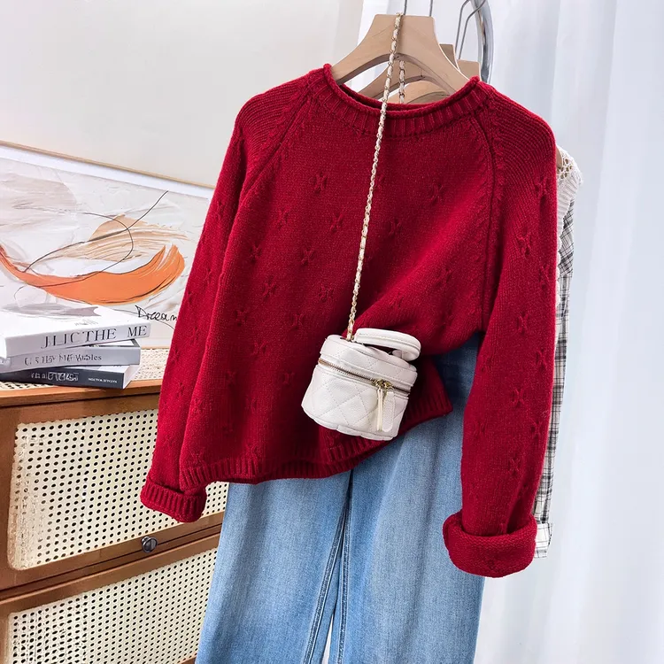 新年红色巨好看针织衫女秋冬季新款宽松法式慵懒风软糯毛衣外套潮
