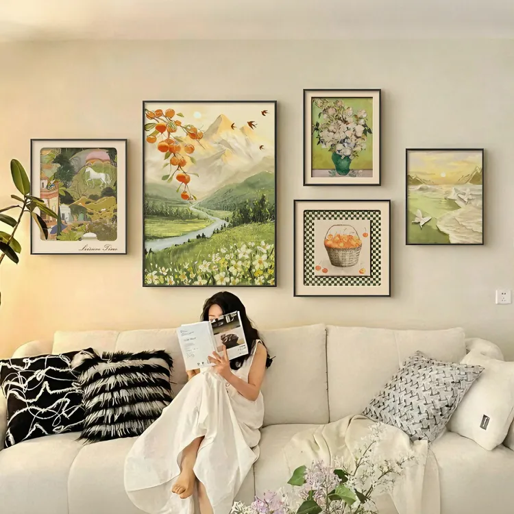 奶油风山水客厅装饰画寓意好事事如意沙发背景墙壁画日照金山挂画