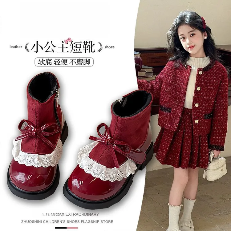 ABC女童靴子加绒马丁靴冬季儿童皮靴洋气女孩公主短靴红色二棉靴