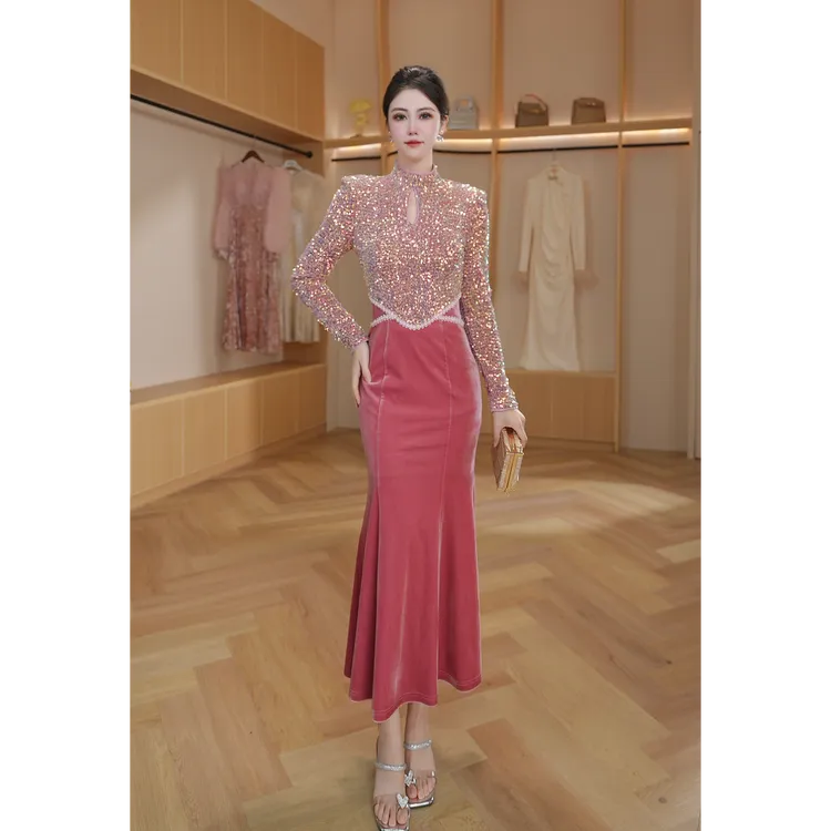 琼仪原创『粉黛佳人』秋季气质修身显瘦拼长款时尚接连衣裙51528