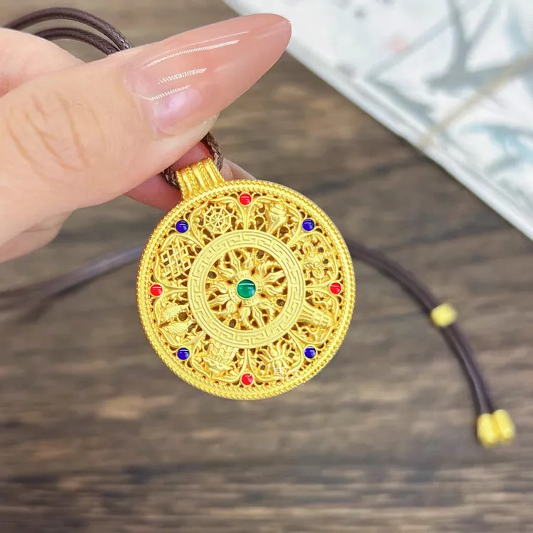 吊坠足银珐琅 描金珐琅足银999八宝罗盘绳项链双面精美传承