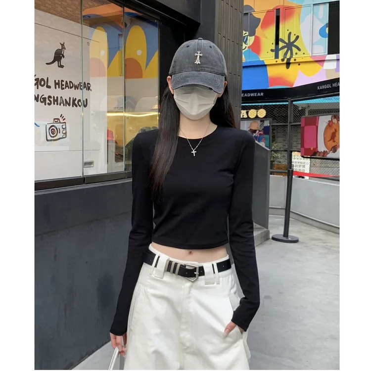 辣妹短款设计感小众圆领白色基础纯棉长袖T恤女春秋冬内搭上衣女