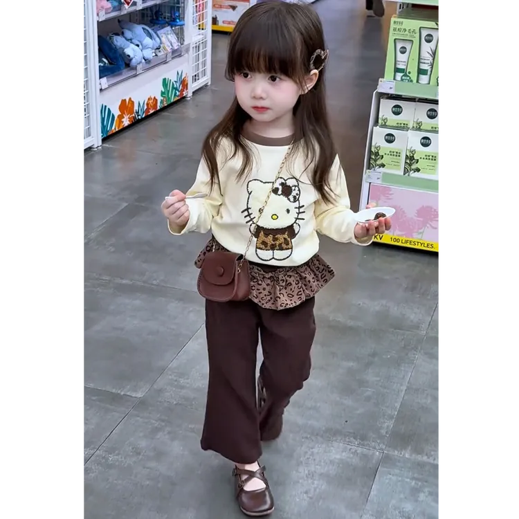 女童秋季新款套装洋气卡通猫咪上衣韩版屁帘裤子休闲两件套