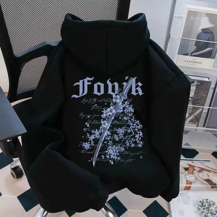 重磅加绒加厚男女同款连帽卫衣美式樱花宝剑潮牌宽松新款长袖外套