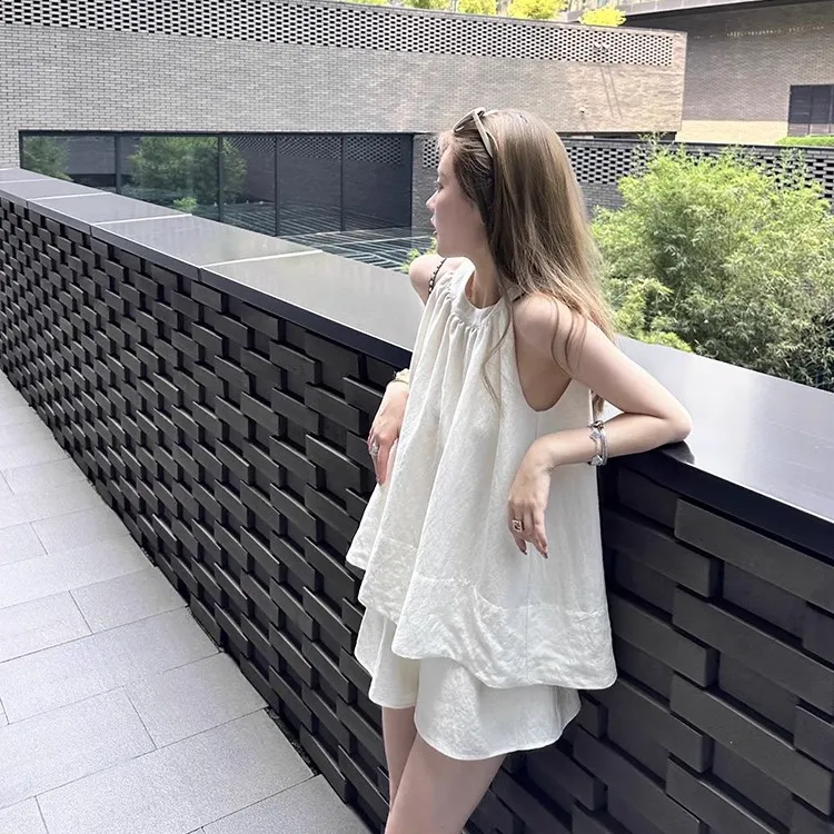舒适亚麻套装 夏季新款无袖露肩上衣短裤清凉老钱风简约松弛感女