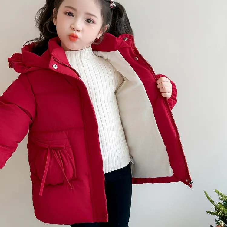 女童过年衣服加绒红色棉衣新款洋气甜美保暖棉服儿童冬装连帽外套