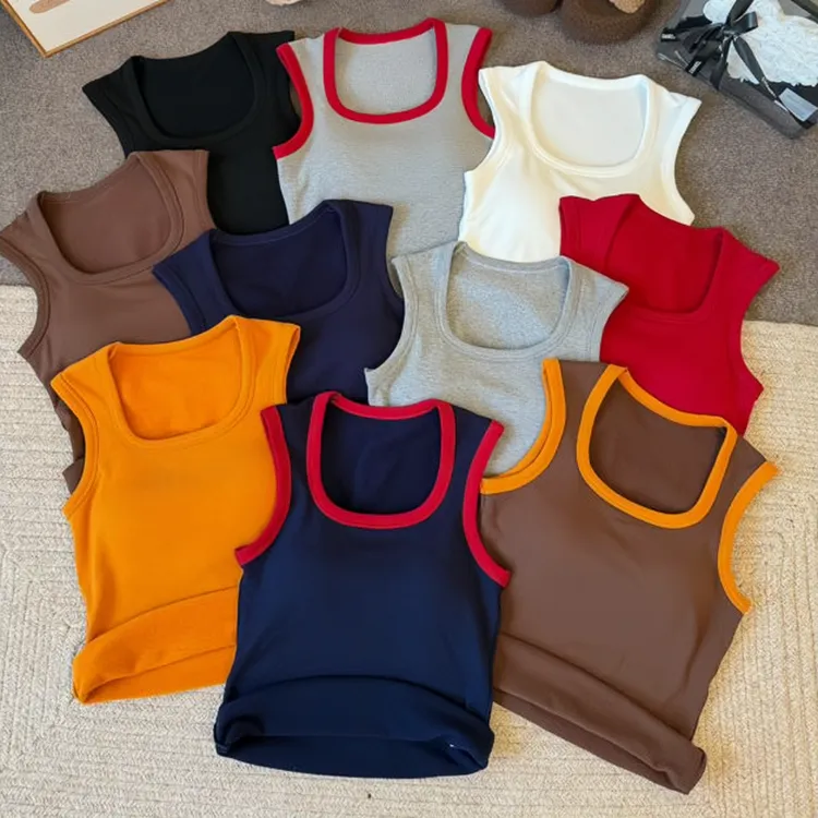 克尔伦贝新款方领加绒撞色背心一体杯纯色美背无袖打底背心88877