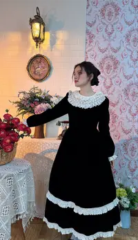 《米粒》63428法式圆领拼接花边百搭减龄连衣裙