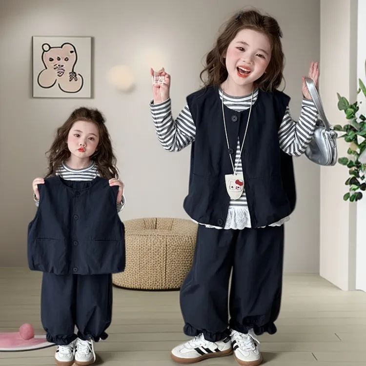 女童套装深秋款2025新款炸街女宝宝马甲三件套秋装儿童条纹衣服潮
