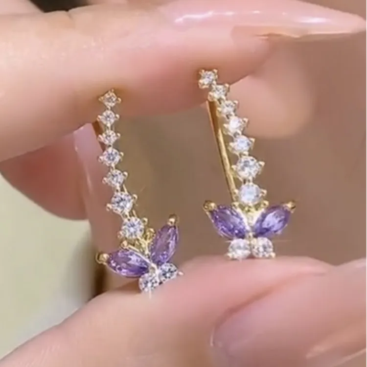 合金耳饰 超仙紫色蝴蝶耳排2024新款耳环女高级时尚气质轻奢耳饰
