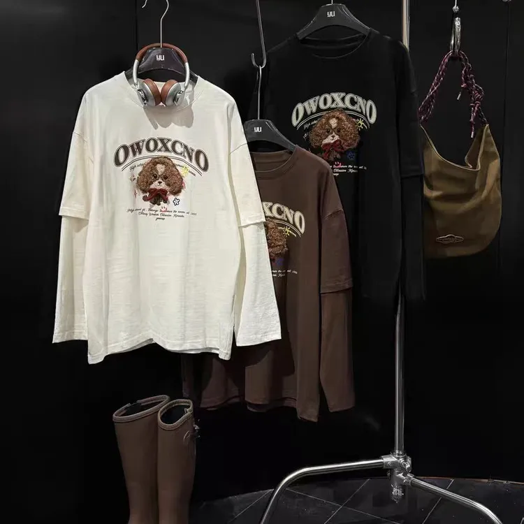 100棉早秋新款立体毛巾绣小狗印花长袖T恤宽松百搭休闲打底8956