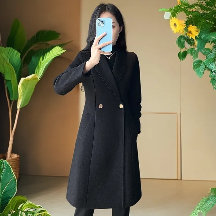 黑色毛呢大衣女冬季中长款夹棉收腰高级感职业外套酒店前台工作服