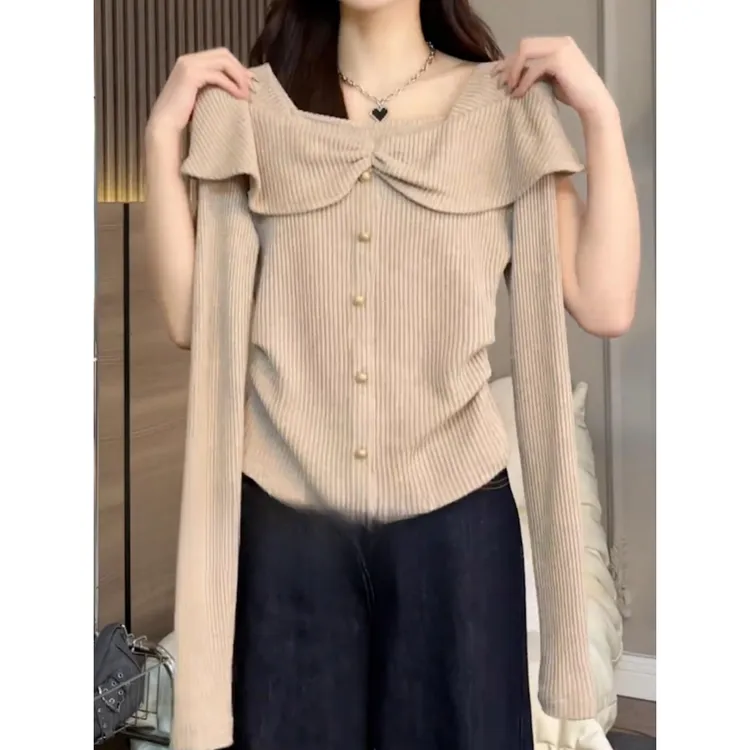 2025秋季新品设计感小众褶皱荷叶边领长袖t恤显瘦减龄洋气上衣女