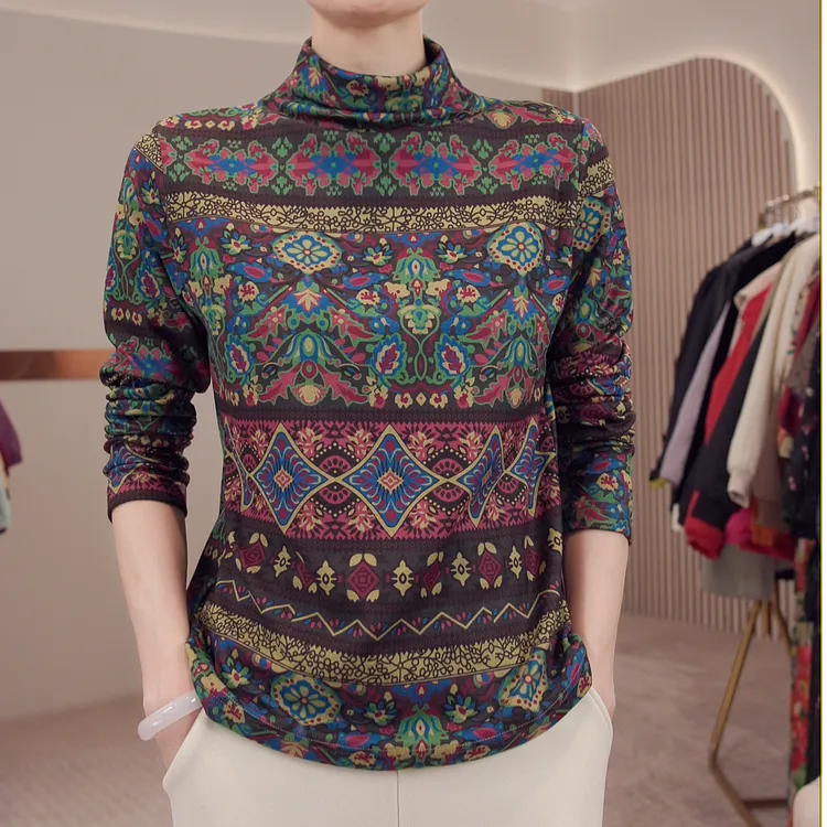 双面德绒印花半高领小衫离子发热德绒保暖长袖打底9595