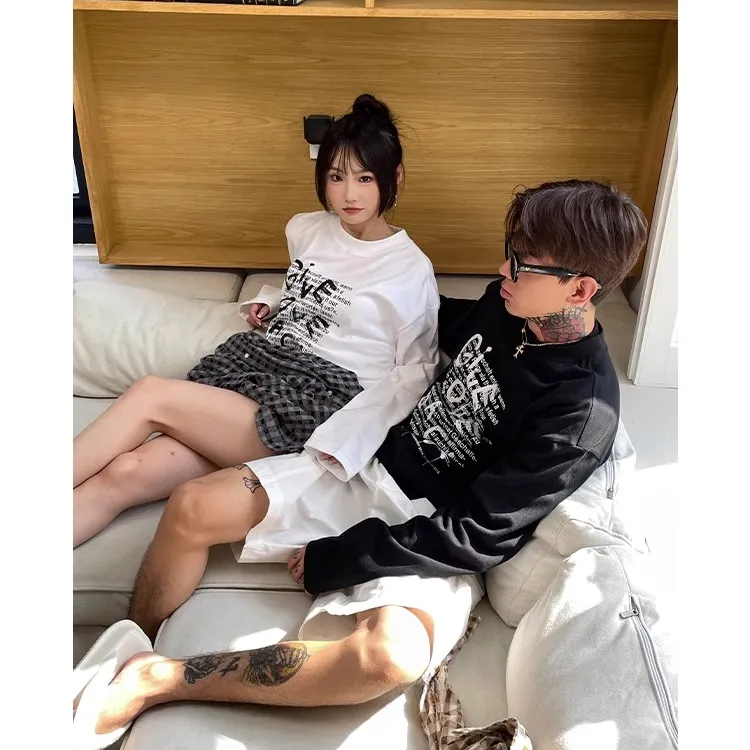 100%纯棉美式长袖t恤男士宽松休闲宽松秋冬男生男款港风T恤痞帅