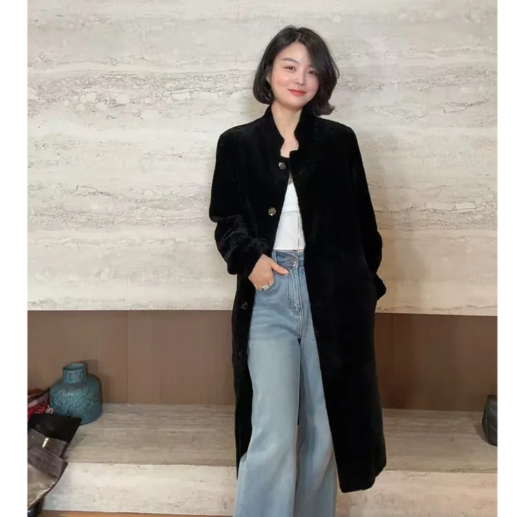 TANTAN 时尚气质中长款进口羊皮毛一体外套4005