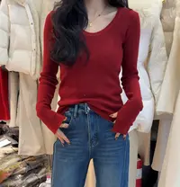 女常规U字领针织红色长袖显瘦毛衣#6663