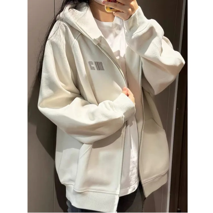米杏色刺绣连帽拉链开衫卫衣女秋冬季情侣宽松美式休闲懒惰风外套