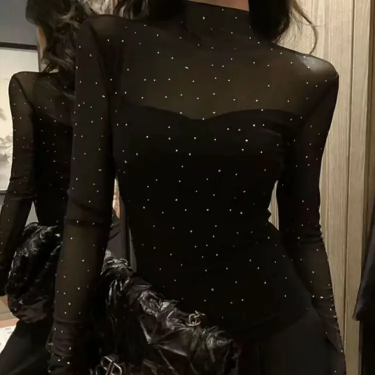 波点烫钻半高领蕾丝打底衫女洋气早秋季辣妹秋冬短款镂空网纱上衣