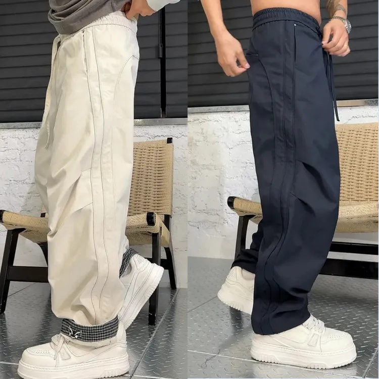 秋冬男士结构机能风轻工装弯刀裤秋季拼接格纹卷边休闲长裤