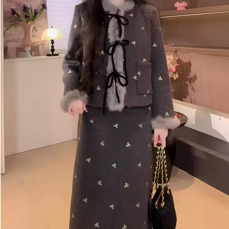 【可心家】小香风高智千金气质显瘦呢套装女冬季两件套设计感