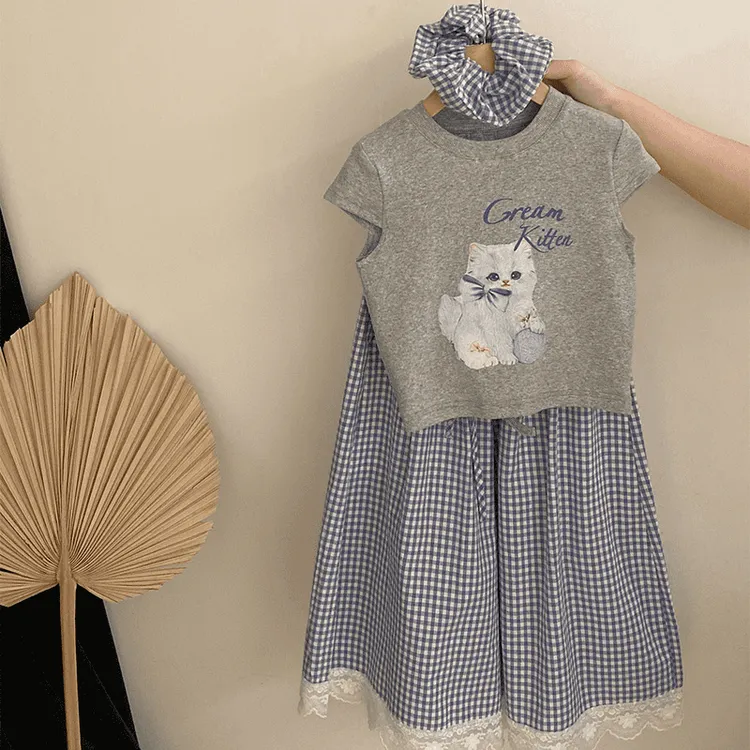 【安安家】女童夏蝴蝶结猫咪印花短袖宽松阔腿休闲裤两件套潮R25303