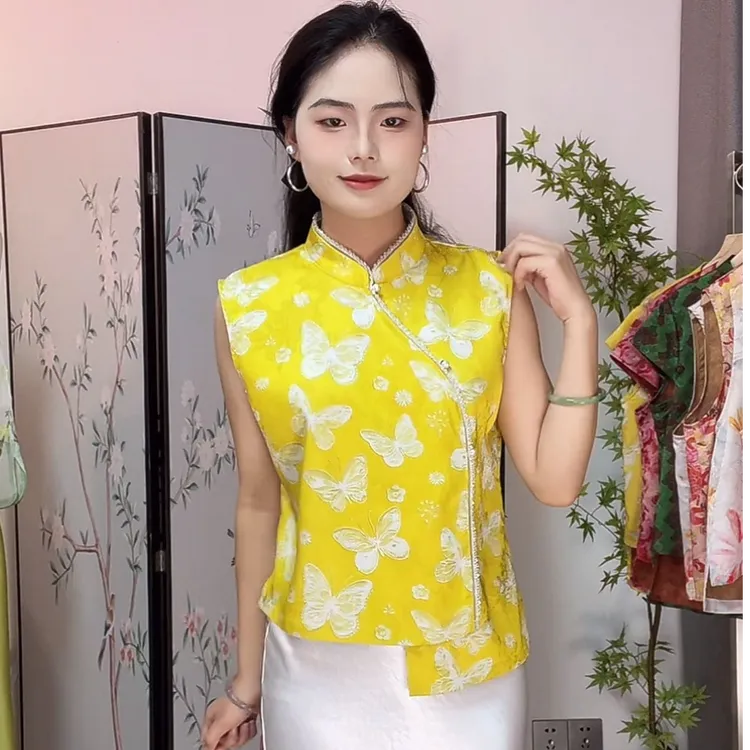 宽松型薄款蝴蝶民族风V领女马夹提花复古网红唐装中国风