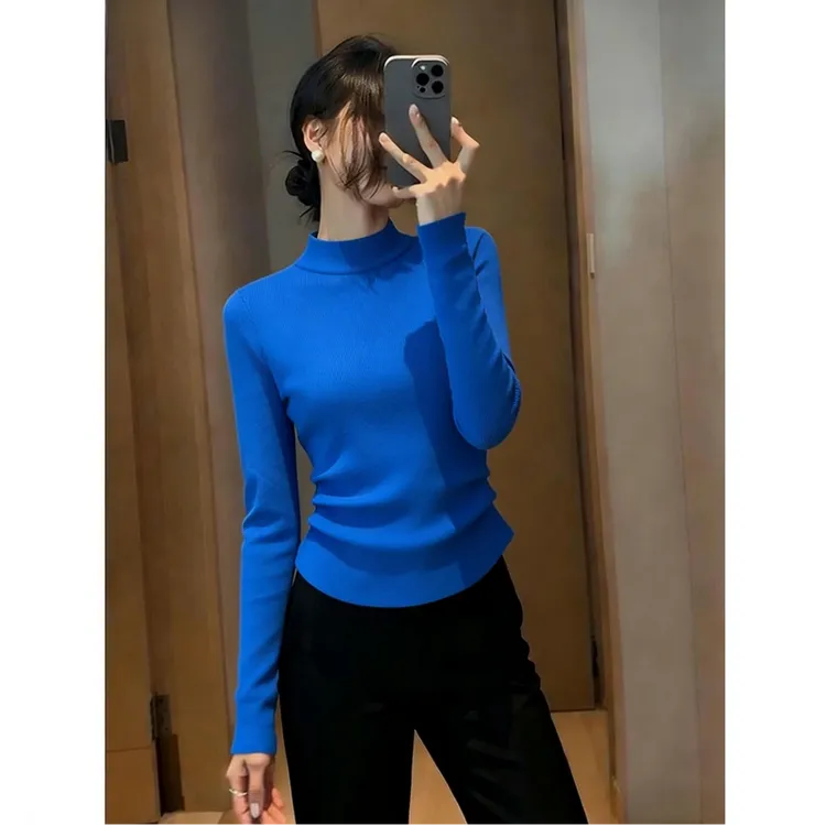 克莱因蓝色长袖毛衣女秋冬新款洋气独特漂亮超好看掐腰针织衫上衣