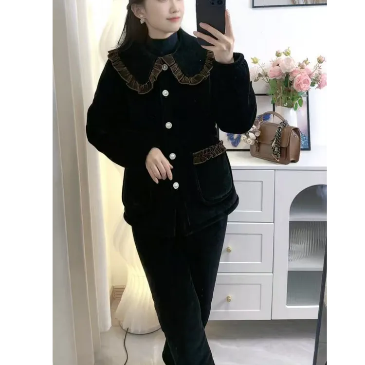 直筒可外穿咖色娃娃领三层加绒加厚睡衣女冬时尚保暖家居服套装