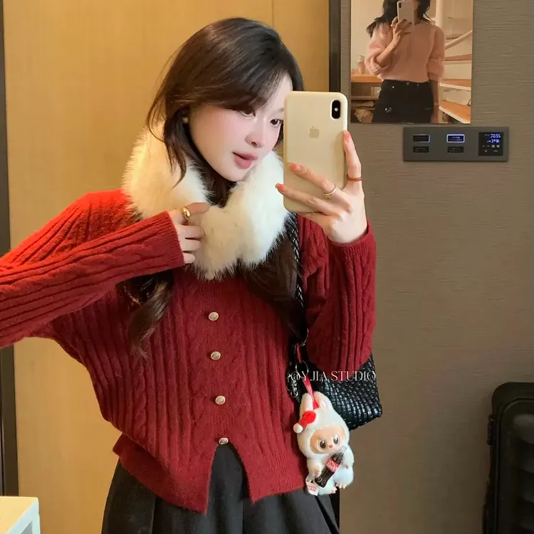 韩系甜美气质显瘦毛领麻花针织衫百搭气质洋气2025秋冬新款毛衣女