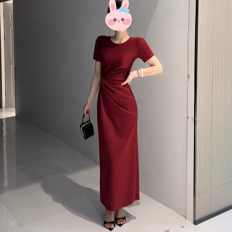 高腰性感褶皱修身显瘦夏季长款气质时尚连衣裙法式收腰中长款