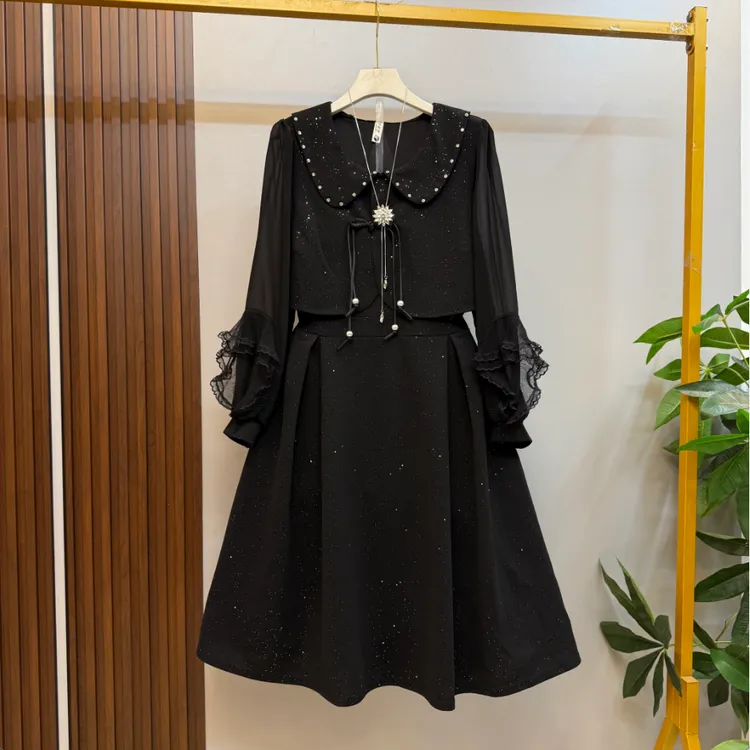 新款大码女装时尚洋气甜美优雅亮闪闪假两件复古显瘦连衣裙