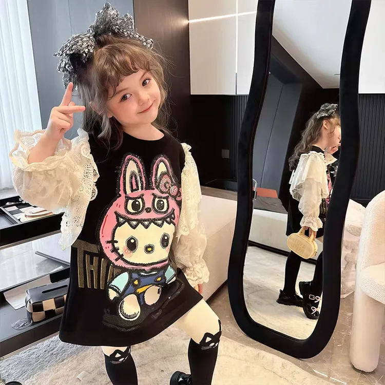 女童拉布布卫衣春秋2025新款儿童蕾丝上衣韩版女孩圆领套头衫洋气
