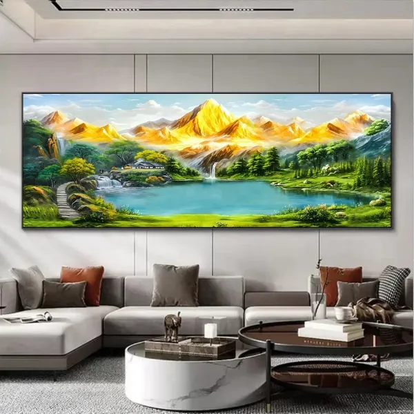 聚宝盆金山客厅沙发晶瓷晶钻装饰横幅画客厅挂墙壁画
