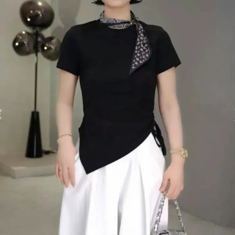 2025春夏新款纯色休闲不规则下摆圆领侧边系带设计正肩短袖T恤女