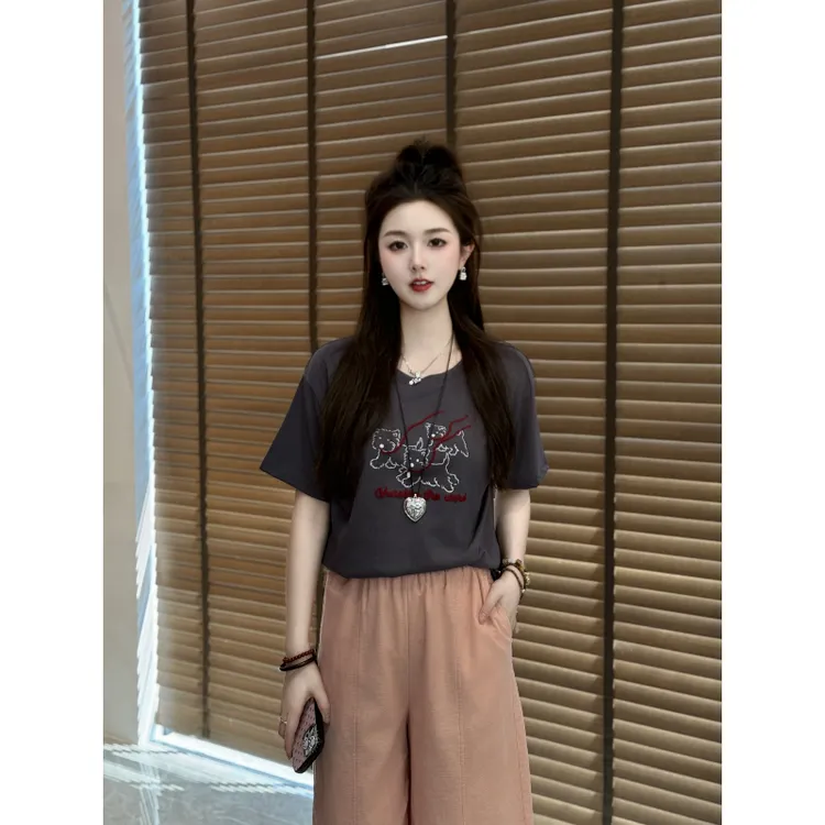 宿慕夏季小狗短袖T恤韩版百搭时尚宽松上衣B19091印花小雨女装