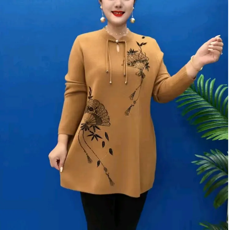 2025秋新款轻熟风女印花洋气时尚针织衫2025秋新款中老年妈妈上衣