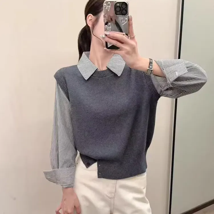 韩系拼接条纹衬衫袖翻领针织衫女秋季微胖mm宽松设计感假两件上衣