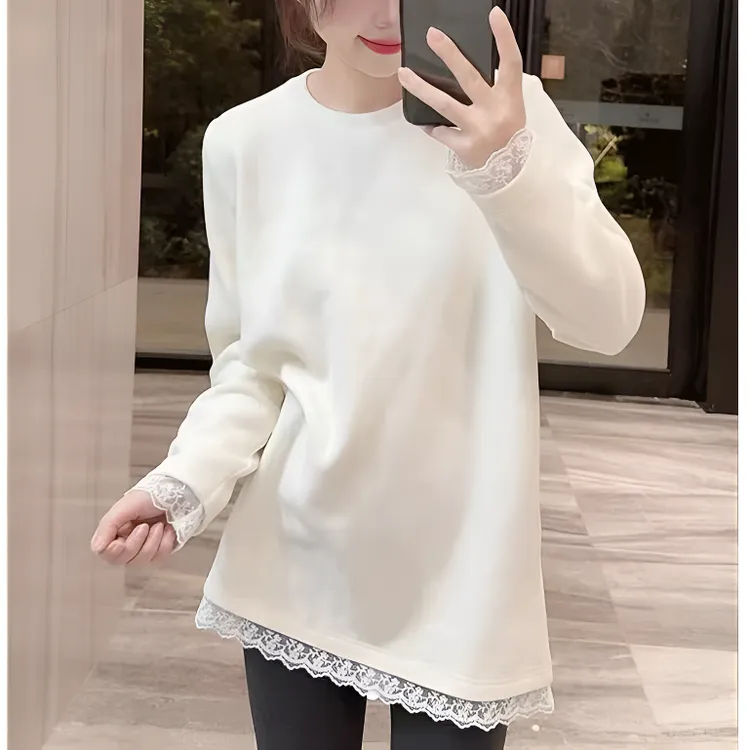 秋冬新款蕾丝拼接纯棉长袖t恤女中长款宽松白色加绒打底衫上衣潮