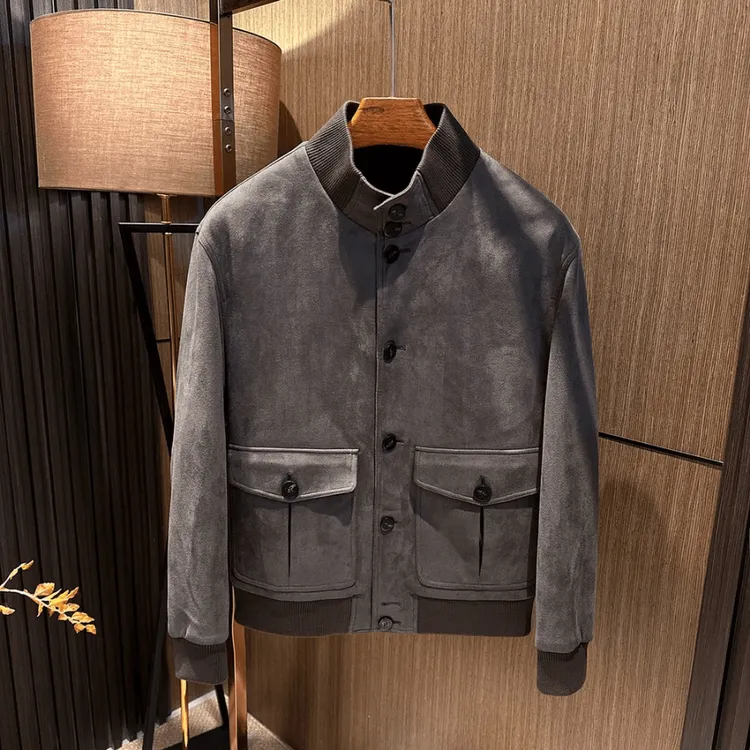 Simson老钱针织领拼接25秋冬男士立领百搭高档绒面加棉加厚夹克