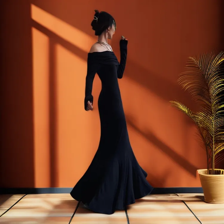 性感一字肩步步生莲鱼尾打底裙春秋冬御姐长袖黑色包臀连衣长裙