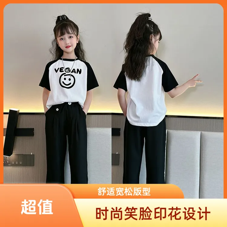 女童夏装套装2025新洋气中大童休闲夏季小女孩短袖冰丝西装裤薄款