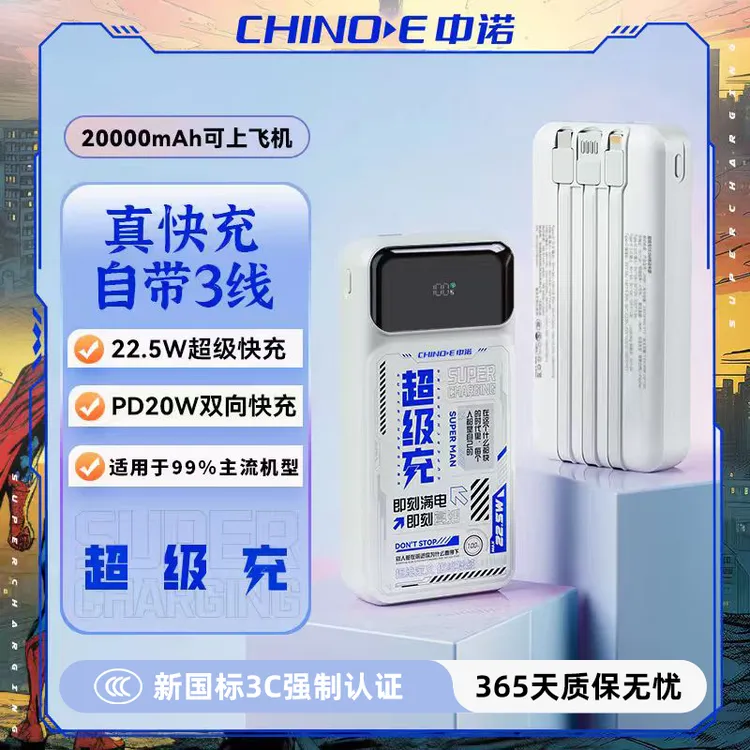 【3C认证可上飞机】中诺20000mAh大容量自带三线22.5W快充充电宝商品图