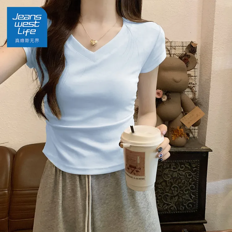 真维斯无界蓝色女V领收腰T恤洋气显瘦夏季修身短袖女爆款2025新款