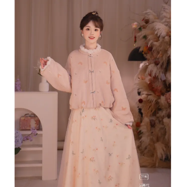 瑶西【浅粉蝶舞】冬季国风重工刺绣厚外套仙气蝴蝶半裙改良汉元素