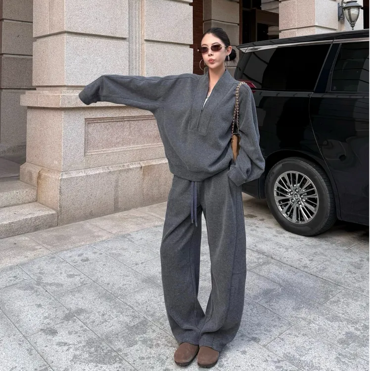 休闲风运动风老钱时尚套装上衣卫衣+宽松高腰系带长裤秋冬套装