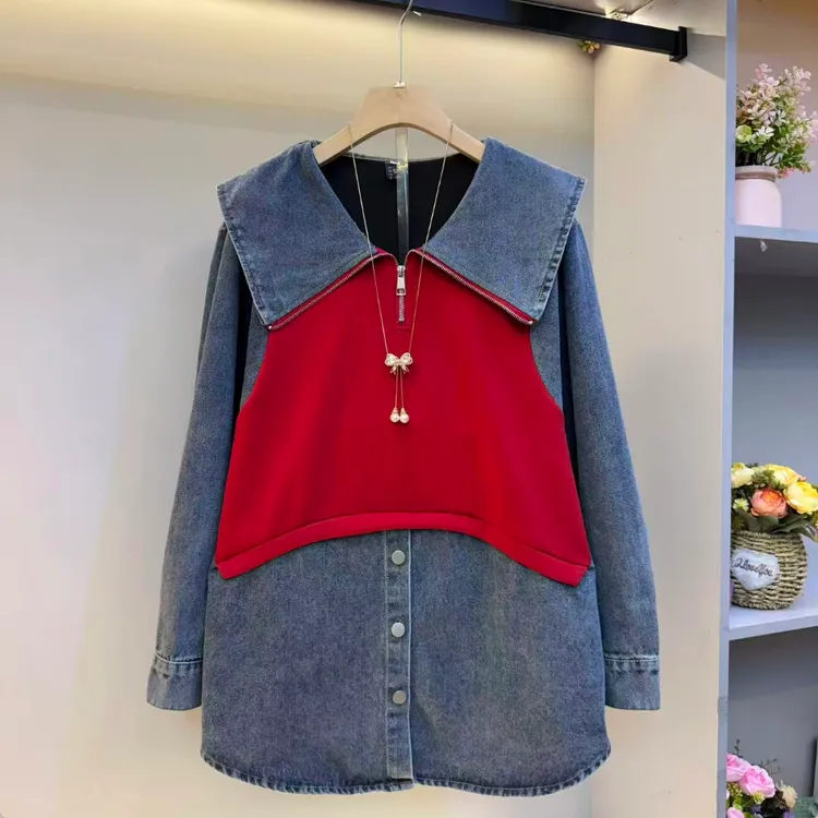 新款大码女装时尚洋气拼拼显瘦韩版牛仔百搭上衣