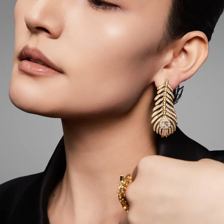 铜合金锆石耳饰 BoshiQ羽系列满镶瑞丽风欧美复古耳环