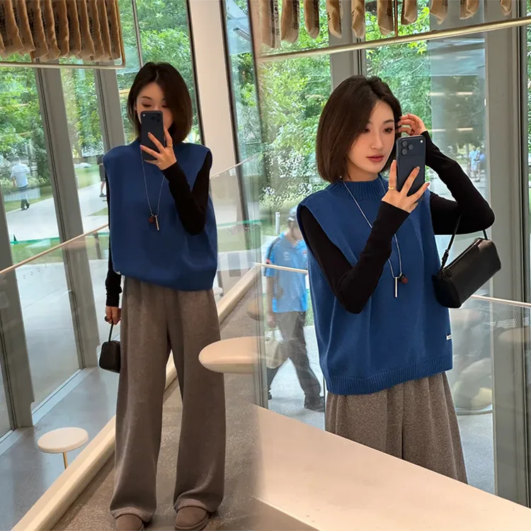 时尚慵懒风设计感宽松针织马甲背心女上衣洋气百搭休闲裤三件套装